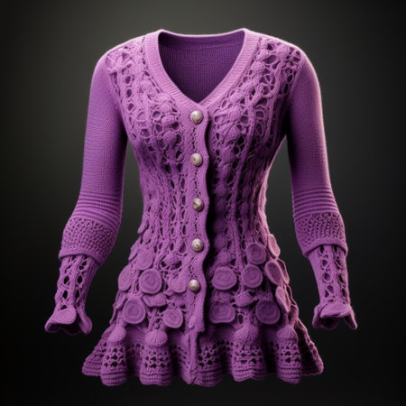 a female hand-knitted sweater is showcased on a mannequin, featuring a modern-baroque style. the realistic and detailed rendering of the sweater, created using innovative techniques, is reminiscent of the work of artist phil koch. this captivating display highlights the artistry and craftsmanship involved in knitting, while also showcasing unique modes of presentation and collection. ai generatedの素材