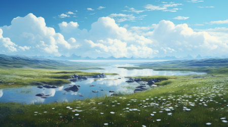 a serene water-filled forest, adorned with vibrant blooming flowers, creates a captivating scene reminiscent of ethereal cloudscapes and expansive landscapes. the calm waters reflect an anime aesthetic, while the lively coastal landscapes add to the realism. the overall ambiance is enhanced by the subtle touch of ambient occlusion. ai generatedの素材