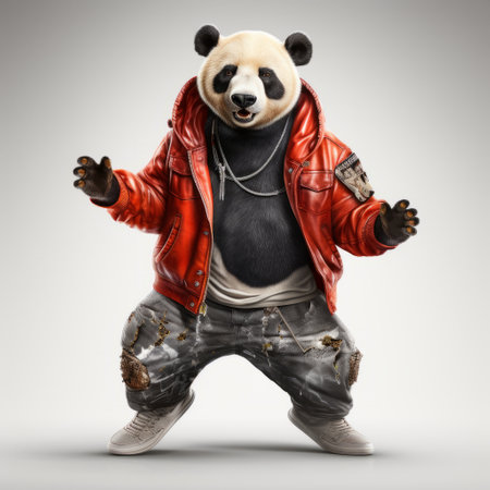 a panda in a stylish costume design is captured in this intense breakdance photography wallpaper. the realistic hyperrealism of the image showcases the panda's intense expressions. taken with a nikon d750, this mixed media marvel combines silver and crimson tones, creating a visually striking and captivating photo. ai generatedの素材