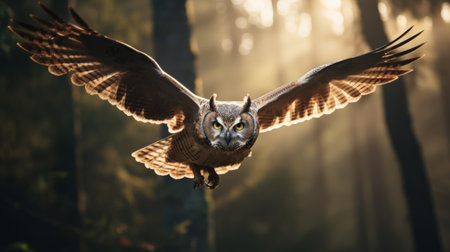 white owl with yellow wings soaring through the woods, illuminated by dramatic lighting effects. the captivating image showcases a blend of dark beige and maroon tones, captured with a nikon af600 camera. this nature-inspired imagery captures the owl's graceful flight in a mesmerizing way. ai generatedの素材