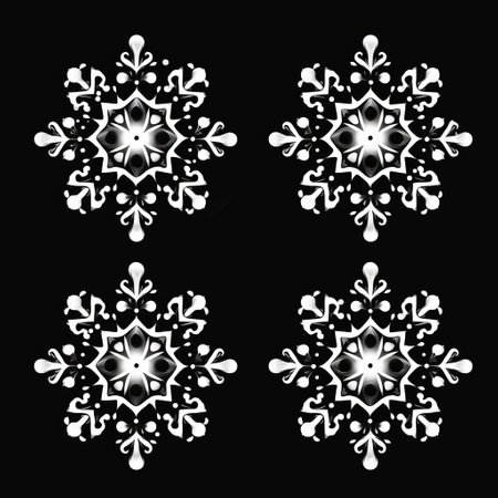 four snowflakes, resembling baroque chiaroscuro lighting, stand out against a black background. the flickering light enhances the stenciled iconography, creating flamboyant and monochromatic white figures. the composition is a symbolic overload, with the snowflakes resembling luminous spheres. ai generatedの素材