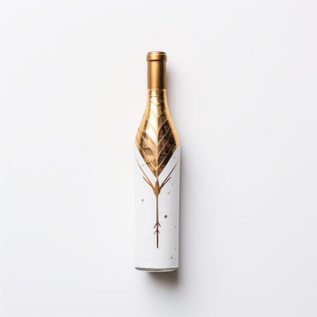 a white bottle with gold foil, inspired by mythology, showcases elegant use of negative space. the design draws inspiration from the works of jessie arms botke, featuring planar art and precisionist lines. the bottle is adorned with light magenta and dark gold accents, while fine feather details add a touch of intricacy. ai generatedの素材