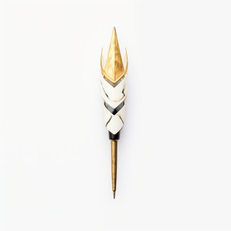 a hand holds a gold and black tipped arrow and metal arrow, showcasing a porcelain-inspired design with intricate pen work. the arrow is adorned with leatherhide, featuring cubist faceting and a minimalistic japanese aesthetic. this unique piece draws inspiration from dansaekhwa, combining white and gold elements for a visually striking composition. ai generatedの素材