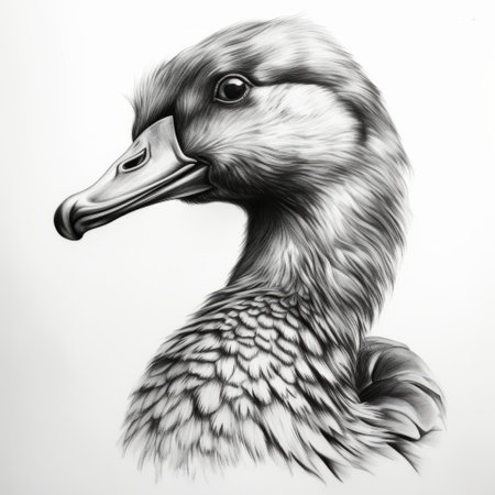 a black and white drawing of a duck, showcasing a realistic hyper-detailed rendering. this charming character illustration captures the essence of bio-art and hyper-realistic animal illustrations. the duck's presence is recontextualized through the use of the grisaille technique, adding depth and intrigue to this unique piece of duckcore artwork. ai generatedの素材