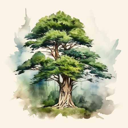 a watercolor art image featuring a tree in the background, reminiscent of 2d game art. the style is a blend of realism and stylization, with symmetrical asymmetry and intricate details. the earth tone color palette adds a natural and storybook-like feel to the illustration, which also incorporates natural symbolism. ai generatedの素材