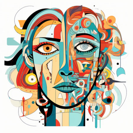 a colorful piece of art showcasing a woman adorned with vibrant geometric shapes. this artwork captures the essence of strong facial expressions and intricate illustrations. with its split toning and flowing lines, the composition exudes a chaotic yet elegant vibe. the emotive faces and artistic reportage style add depth to this captivating artwork. ai generatedの素材