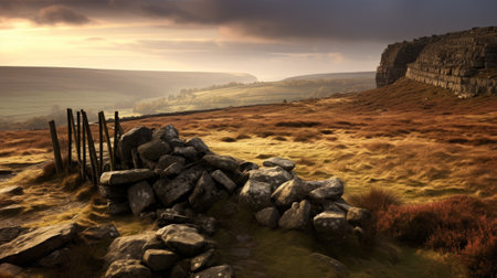 a national geographic photo featuring a charming and idyllic rural scene of a rock hill made of pea stone sandstone. in the style of david mould, this romanticized depiction of wilderness showcases dark orange and light gold hues. captured with a c-mount lens, the photo offers a spectacular backdrop for nature enthusiasts. ai generatedの素材