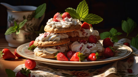 homemade cookies with strawberries are beautifully showcased in this white cake decorating masterpiece. these strawberry cookies are the epitome of perfection, with their multilayered dimensions and historical significance reminiscent of 19th-century delicacies. the layered images in this uhd photograph capture the light brown and white hues, seamlessly combining natural and man-made elements for a visually stunning treat. ai generatedの素材