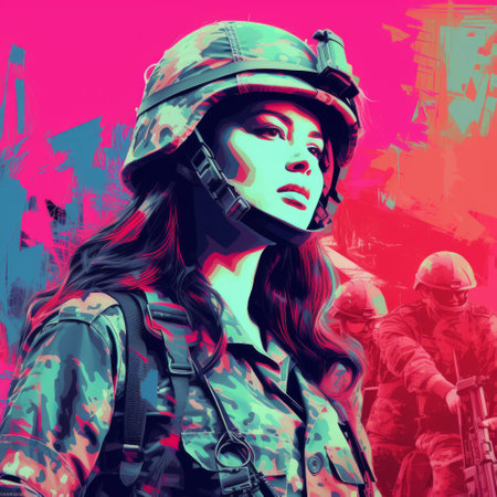 a girl in uniform stands behind a man wearing a helmet in this pop art-inspired digital illustration. the aggressive war scenes are depicted with vibrant colors and imagery, reminiscent of qian xuan's style. the artwork showcases a combination of light teal and dark pink tones, creating a visually striking composition. this 32k uhd image features free brushwork, adding depth and texture to the illustration. aiの素材