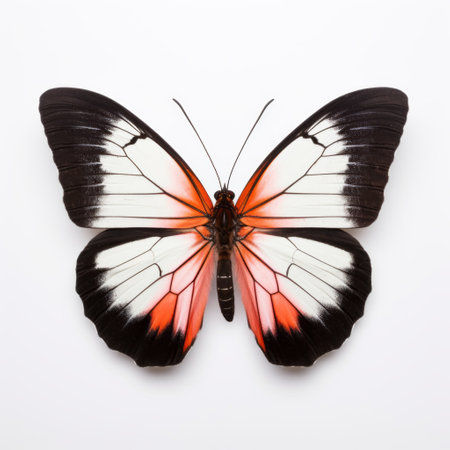 black and white butterfly, vibrant and colorful, stands out against a white background. the image captures the essence of a museum gallery diorama, with its unpolished authenticity. the butterfly's light orange and red hues add a touch of beauty to the symmetrical grid. this national geographic photo resembles found object installations, reminiscent of the angura kei style. ai generatedの素材