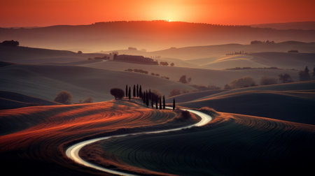 the photo captures the stunning countryside of tuscany, italy at sunset. with its flowing lines and a color palette of dark white and light crimson, this contest-winning, 32k uhd image showcases the beauty of the region. the flowing brushwork and surrealism add an artistic touch to this national geographic-worthy photograph. ai generatedの素材