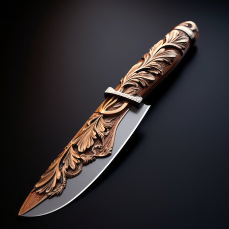 a knife adorned with intricate flowers on the top, showcasing a realistic hyper-detailed rendering. the carved surfaces and detailed feather rendering add depth to the design, reminiscent of chiaroscuro woodcuts. the use of backlighting enhances the overall visual impact of this daz3d creation, inspired by the art of kintsukuroi. ai generatedの素材