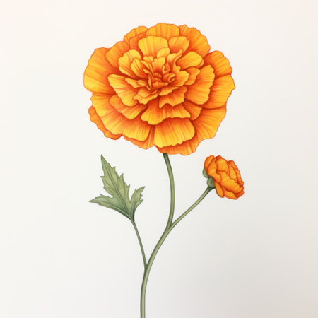 an orange carnation blooms vibrantly against a pristine white backdrop, reminiscent of a mural painting. the meticulous technique used in this artwork showcases detailed character illustrations and intricate dansaekhwa-inspired elements. the pure color palette adds a touch of simplicity to the overall composition, while the inclusion of detailed miniatures and colorful illustrations enhances its visual appeal. ai generatedの素材