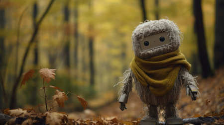 a wooden stick figure, resembling a futuristic robot, walks through a forest adorned with leaves. this unique artwork combines elements of plush doll art and features warm amber and gray tones. captured with the panasonic lumix s pro 50mm f/1.4 lens, the image showcases intricate knitting and crochet details. the photograph is presented in stunning 8k resolution, offering a visually immersive experience. ai generatedの素材