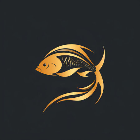 a gold fish logo featuring swirling curled lines, inspired by the realistic chiaroscuro style of xu beihong. this logo showcases the artist's characteristic depiction of animals with flat, limited shading, against a dramatic black background. ai generatedの素材