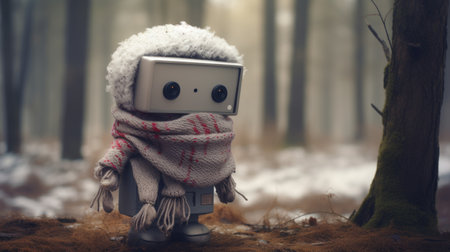 a robot, adorned with a scarf and hat, strolls through a wintry forest. this social media-inspired portrait captures the essence of cubo-futurism and snow scenes. the adorable toy sculpture, in light maroon and silver, creates a whimsical atmosphere. this captivating image can be found on flickr and was beautifully rendered using vray. ai generatedの素材