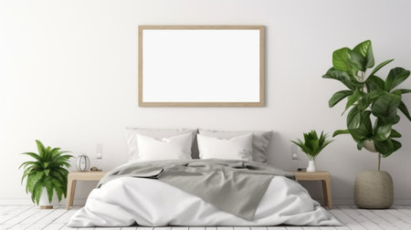 white bed in an empty room mockup featuring a plant and frame. this resimulation sktr znalaz showcases a uhd image with a light brown and gray color palette. the matte photo exudes a japanese contemporary vibe, with a minimalistic japanese style. ai generatedの素材