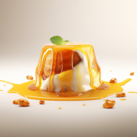 a photorealistic rendering of a jelly sitting on top of a spoon. the jelly is depicted in light gold and light amber colors, created using cinema4d software. the image showcases melting pots, crisp brushwork, and lively tableaus, resulting in a sleek and visually appealing composition. ai generatedの素材
