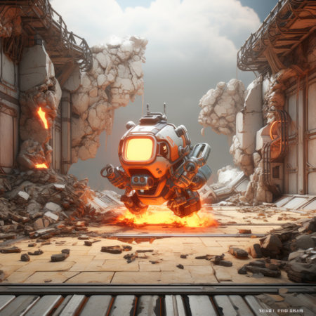 the burning robot stands amidst a scene of destruction, with rubble-covered buildings in the background. this image showcases a unique blend of texture exploration, duckcore, metallic rotation, and bold character designs. the use of rtx technology adds a realistic touch, while the minolta riva mini camera captures the details with precision. the overall composition is characterized by a bulbous aesthetic. ai generatedの素材