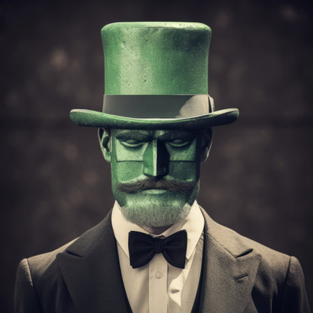 a man, with a strong facial expression, is seen painting on a top hat, mask, and pipe. the artwork is done in a dark green and light gray style, creating a pop culture mashup. the photograph captures the detailed and blocky costumes, reminiscent of technological marvels. this stereotype photography showcases a unique and creative blend of elements. ai generatedの素材
