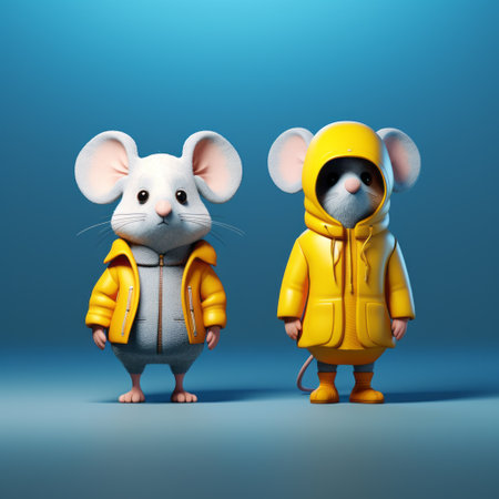 two adorable miniature mice, dressed in yellow raincoats, are depicted in this charming character illustration. created using cinema4d and zbrush, the mice exude a hip hop aesthetic with their dark white and blue color scheme. the bold color combinations and strong color contrasts add an eye-catching appeal to this delightful artwork. ai generatedの素材