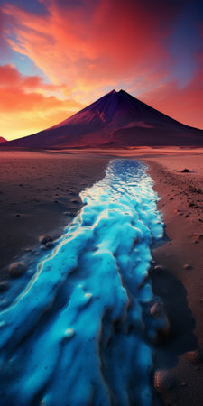 a stunning national geographic photo featuring a mountain to the right, captured in hyper-realistic water style. the vibrant color fields and luminescent color scheme create a flowing surrealism effect. this uhd image showcases the mesmerizing beauty of the desertwave, merging natural elements with artistic brilliance. ai generatedの素材