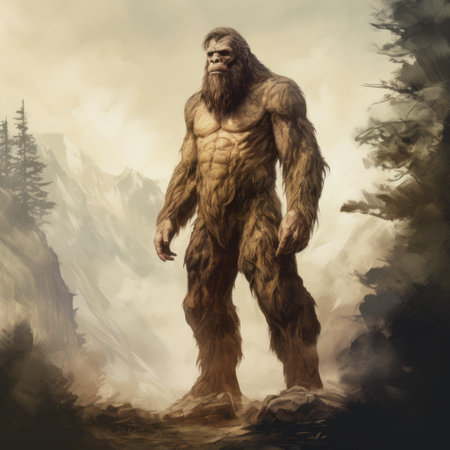 a historical illustration of a bigfoot, inspired by the artistic styles of aleksi briclot and tooth wu. the drawing depicts a strong facial expression on the bigfoot, standing in the grass with majestic mountains in the background. the artwork captures the essence of the mythical creature, merging elements of fantasy and nature. the influence of artists such as asher brown durand is evident, creating aの素材