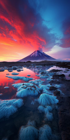 a mesmerizing sunrise is beautifully captured in this photograph, showcasing its reflection on the water's surface. the image resembles intricate psychedelic landscapes with vibrant shades of red and azure. this stunning piece, reminiscent of the realistic landscape paintings by eduard cortes and lorenz hideyoshi, evokes a sense of tranquility and awe. the dark sky-blue and light white hues add depth and serenity to the composition.の素材
