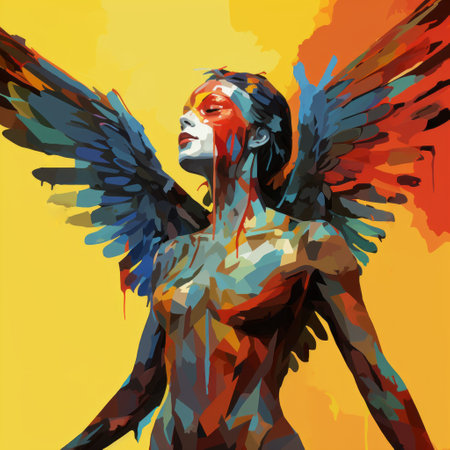 an angelic portrait featuring vibrant, colorful wings against a backdrop created using the paint dripping technique. the style of the artwork combines elements of neo-expressionist figuration, low poly design, and graffiti-inspired illustrations. the color palette includes shades of red, amber, dark yellow, and sky-blue, resulting in a captivating and visually striking illustration. ai generatedの素材