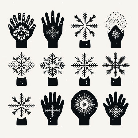 christmas snowflakes gently rest on fingers in this captivating vector art. the design showcases a vintage graphic style with a touch of elegance. the light black color and clever use of negative space create stunning sculptures. influenced by egyptian iconography, the symbolic props evoke the artistry of mona hatoum. the composition is filled with radiant light, adding a magical touch to this enchanting image. aiの素材