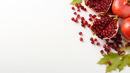 fresh pomegranate with green leaves and seeds on a white background. this minimalist-style image features a uhd resolution, with maroon and aquamarine colors. the selective focus highlights the pomegranate, while decorative borders add a creative touch. this innovative page design is available under a creative commons attribution license. ai generatedの素材