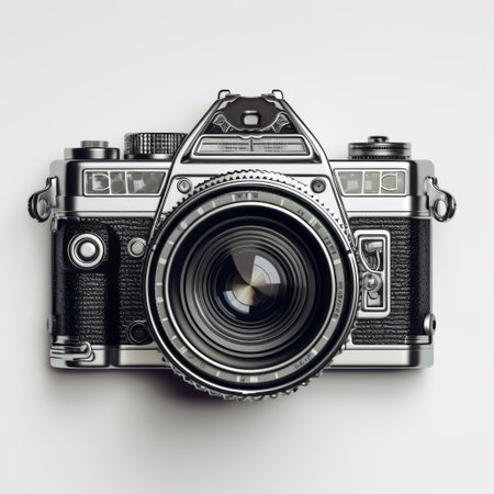 vintage camera in a dark gray and silver vintage style, photobashed against a white background. timeless artistry and iconic imagery captured in this unique, one-of-a-kind piece. the light silver and black tones enhance the sharp focus of the camera. ai generatedの素材