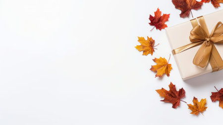 an empty envelope, wrapped in brown paper and adorned with a gold bow, is placed next to a collection of vibrant autumn leaves on a clean white surface. this uhd image captures a study place with minimalist backgrounds, featuring carved books in shades of white and orange. ai generatedの素材