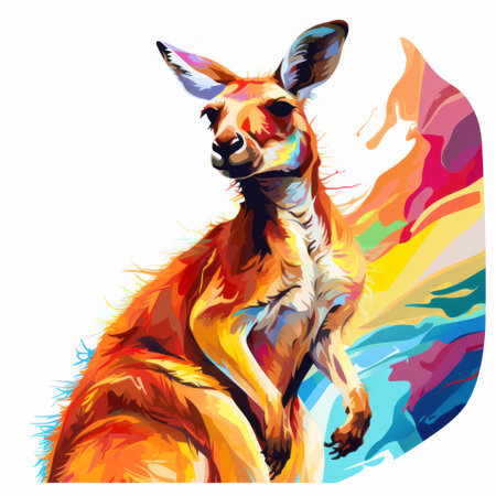 a vibrant 8k resolution painting capturing the essence of a kangaroo, set against a backdrop of colorful gradients. this artwork showcases a unique blend of colorful realism and artistic techniques such as shaped canvas and stencils. the amber hues and diverse palette add depth and vibrancy to the overall composition. ai generatedの素材