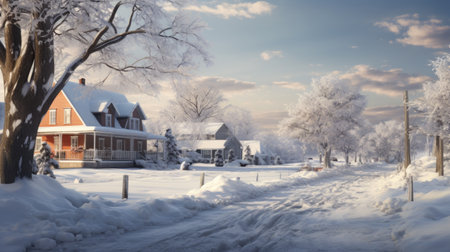a winter landscape featuring snow-covered houses on a snowy surface. this photo, rendered in unreal engine, showcases the american tonalist style with its atmospheric ambience. captured in 32k uhd resolution, the image resembles the captivating aesthetics of schlieren photography. the white scenery creates a serene and breathtaking view, reminiscent of a national geographic photo. ai generatedの素材