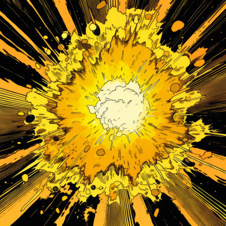 an abstract comic explosion featuring vibrant yellow splatters and a red and yellow blob on a black background. this hyper-detailed illustration showcases a distorted perspective and is reminiscent of japanese woodblock prints. with its light orange and white accents, this artwork exudes a vibrant manga-inspired aesthetic. a perfect blend of cyclorama, comic satire, and intricate design. ai generatedの素材
