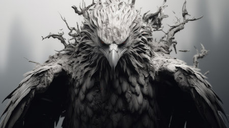 a black and white eagle perched on branches, showcasing the hyper-realistic sci-fi style of zbrush. this photo-realistic image captivates with its bold shadows, dark and foreboding colors, and flowing textures. the twisted characters add an intriguing element to the overall composition. ai generatedの素材