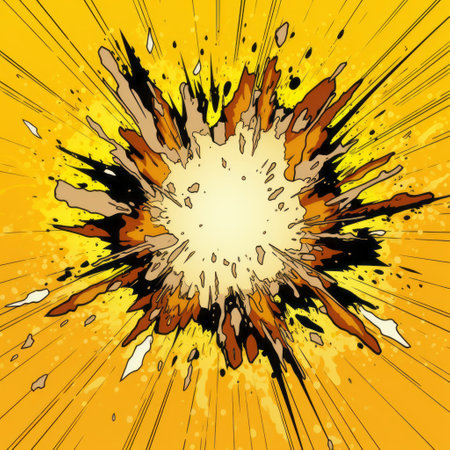 cartoon explosion pop art with ash splatter vector illustration, featuring a dynamic action scene in the style of dark beige and light amber. this digitally enhanced artwork showcases a manga-influenced commission, capturing close-up intensity and expressive use of line. ai generatedの素材