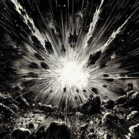 a black and white comic book style artwork featuring vivid energy explosions, detailed stars and planets, and hard-edged painterly techniques. the flattened perspectives and hyper-detailed elements create a visually stunning composition. the use of staining and rim light adds depth and intensity to the overall image. ai generatedの素材