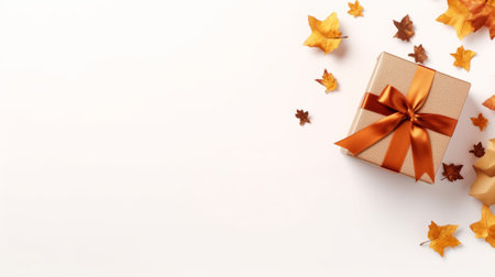 a gift box adorned with autumn leaves is captured in a minimalist photography style. the lowpoly design features a light beige and orange color scheme, creating a visually striking composition. the image, with its emphasis on detail, showcases the scattered arrangement of the leaves against a clean white background. the dark beige tones add depth to this high-quality uhd image. perfect for vfxfriday. ai generatedの素材