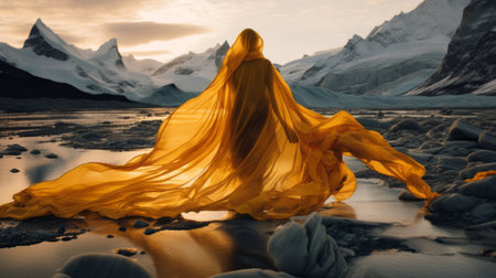 a woman in an orange outfit stands near snowy mountains, showcasing a captivating documentary photo. the image is reminiscent of flowing surrealism, with flowing draperies in light yellow and dark gold. the layered images create a mesmerizing effect, enhanced by the contrasting colors of dark azure and yellow. the golden light adds a touch of enchantment to the scene. ai generatedの素材