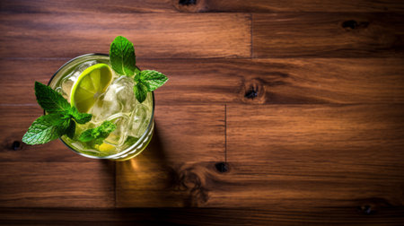 an alcoholic drink with ice and mint leaves is placed on a wooden table. the photo showcases bold and dynamic lines, reflecting a craftcore style. the aerial view captures the creative commons attribution of the image. the rounded, light green drink exudes a polished craftsmanship. ai generatedの素材