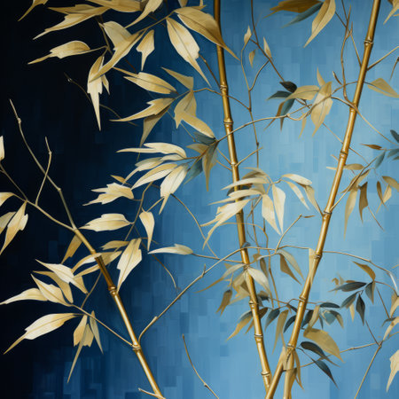 a branch of bamboo stands out against a dark blue background, featuring gold leaf accents. this contemporary landscape showcases intricate details and a combination of light blue and dark beige tones. the artistic style resembles cloisonnism, with a focus on natural materials. the overall effect is a soft and dreamy depiction of the bamboo branch. ai generatedの素材