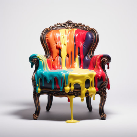 a colorful painted chair, inspired by the melting, decadent style of graphic designer joel robison. this unique piece serves as a critique of consumer culture, with its baroque-inspired chiaroscuro and dripping paint. the multilayered dimensions of the chair add depth and intrigue to its artistic design. ai generatedの素材