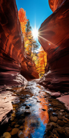 an autumn river with vibrant fall colored trees is illuminated by the sun in this stunning uhd image. reminiscent of noah bradley's gravity-defying landscapes, this national geographic photo captures the beauty of nature. the light red and amber hues of the trees create a mesmerizing scene, resembling faith-inspired art. the organic formations add an extra touch of wonder to this breathtaking photograph. ai generatedの素材