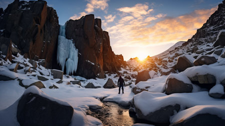 winter landscape scenery featuring a captivating winter waterfall. this epic portraiture-style photograph showcases the beauty of the australian landscape. the light is a combination of black and amber, creating a mesmerizing effect. shot with a zeiss batis 18mm f2.8 lens, this backlit photography captures the adventure-themed essence of the scene. don't miss this stunning documentary photo. ai generatedの素材