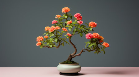 an orange bonsai tree, with graceful curves, sits in a small pot on a table. the captivating floral still life, in the style of dark pink and light gray, is beautifully captured in this high-quality photo by mike campau. reminiscent of the elegant bonsai trees of the sui dynasty, this associated press photo showcases the artistry and beauty of nature. ai generatedの素材