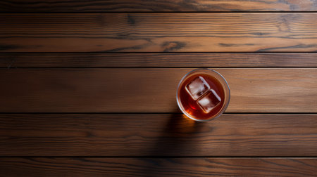cocktail drink with ice cubes on a wooden surface, captured in the style of aerial photography. the image showcases a brown-toned, japanese minimalism-inspired composition, reminiscent of meindert hobbema's landscapes and american tonalist paintings. the industrial texture adds depth to the lively tavern scene. ai generatedの素材