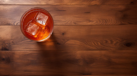 two glasses of red rum with ice and a glass of water are arranged on a wooden surface, creating a tactile texture. the aerial view captures the brown and amber hues of the drinks, reminiscent of the vibrant cityscape of new york city. the composition showcases a quadratura technique, emphasizing the flat form of the arrangement. ai generatedの素材