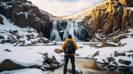 a lone person stands in the snow, gazing at a majestic waterfall in a grandiose environment. the scene is bathed in a soft amber and gray light, captured with the zeiss milvus 25mm f/1.4 lens. this adventure-themed, ultra-high-definition image invites viewers to embark on a journey through the wilderness, making it perfect for travel enthusiasts. ai generatedの素材